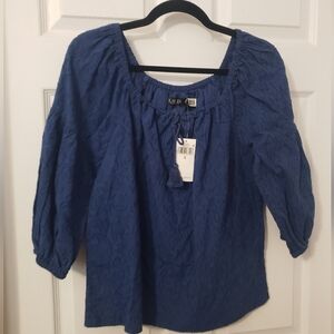 Lauren Ralph Lauren Blue Puff Sleeve Blouse with Smocked Tie Front, S